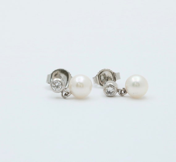 Small Pearl and Diamond Dangle Earrings, 18K Gold - image 4