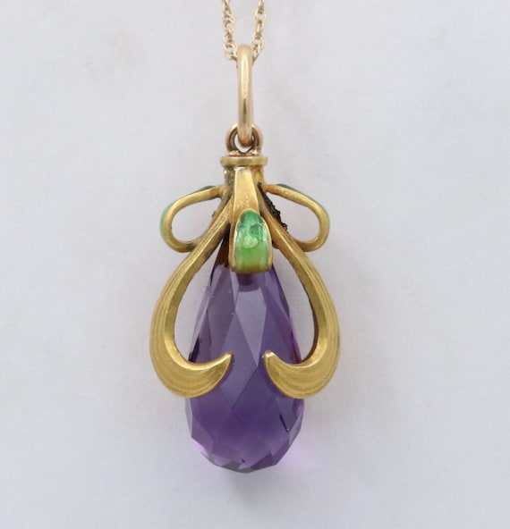 Art Nouveau Amethyst Briolette, Enamel, and 14K G… - image 1