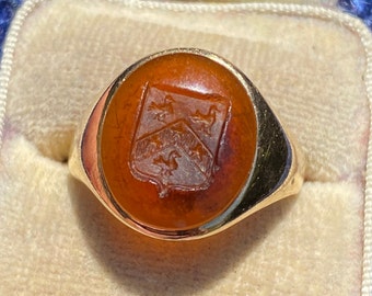 Antique Carved Carnelian Intaglio Ducks and 14K Gold Signet Ring