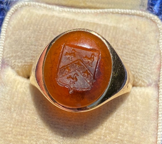 Antique Carved Carnelian Intaglio Ducks and 14K G… - image 1