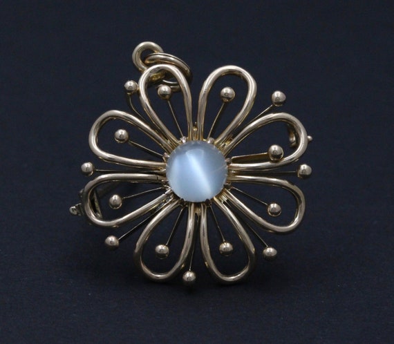 Vintage 14K Gold and Moonstone Flower Pendant, Pin - image 1