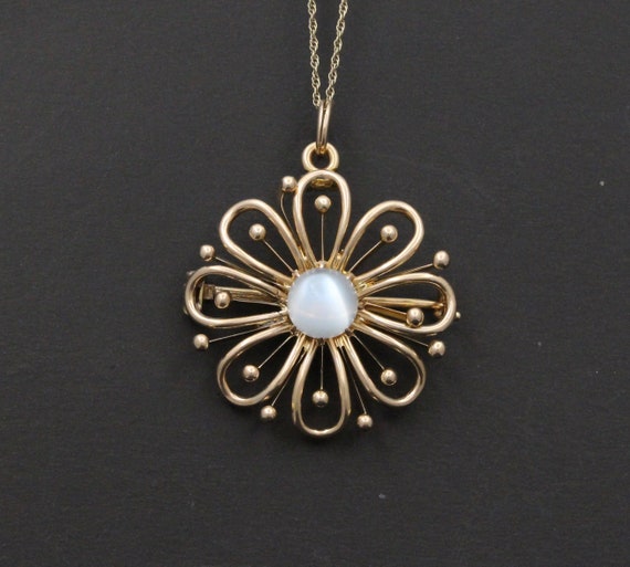 Vintage 14K Gold and Moonstone Flower Pendant, Pin - image 2
