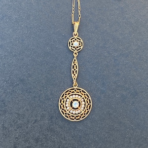 Art Deco 14K Gold Diamond and Pearl Filigree Lavalier Necklace