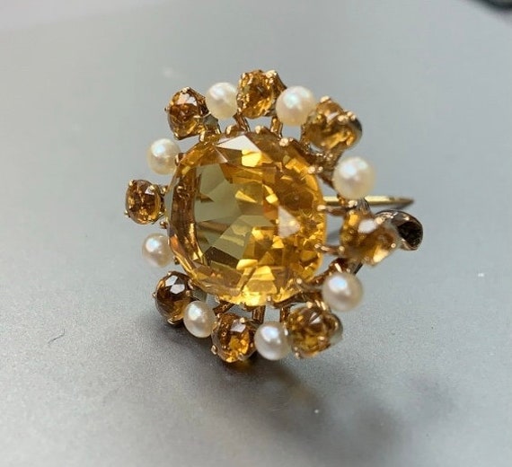 Antique 14K Gold Citrine and Pearl Sunburst Pin, … - image 4