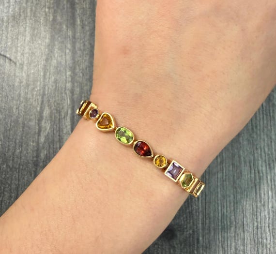 Multicolor Fancy-Shape Colored Gemstone Line Brac… - image 2