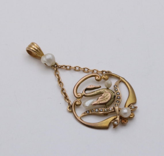 Art Nouveau 14K Yellow Gold Pearl Swan Pendant - image 2