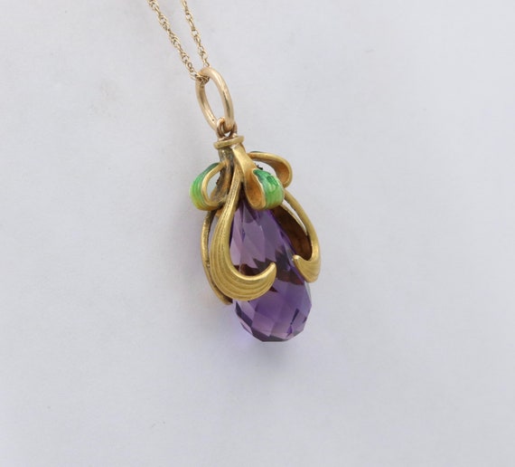 Art Nouveau Amethyst Briolette, Enamel, and 14K G… - image 3