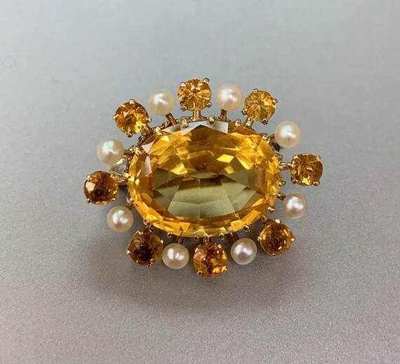 Antique 14K Gold Citrine and Pearl Sunburst Pin, … - image 3