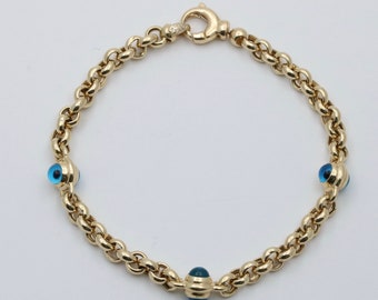 Glass Evil Eye and 14K Gold Bracelet, 7.5” Long