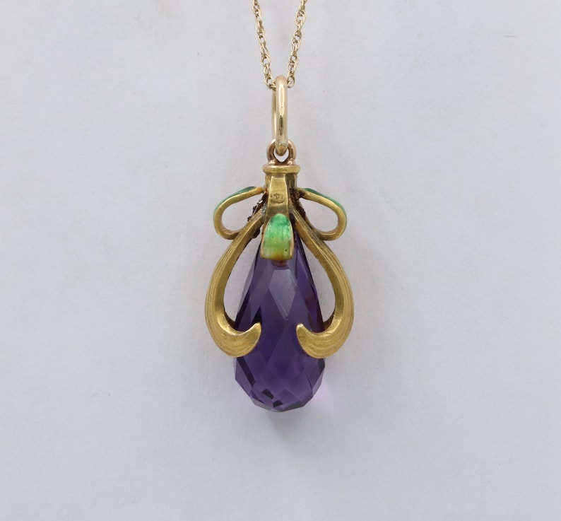 Art Nouveau Amethyst Briolette, Enamel, and 14K Gold Swirl Charm image 2