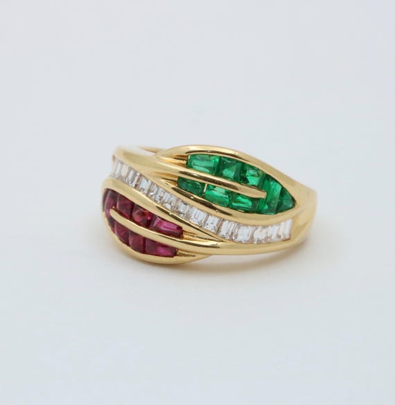Natural Emerald, Ruby, and Diamond Leaf Ring - image 4