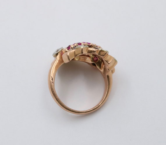 Retro 14K Gold Diamond and Ruby Cornucopia Ring, … - image 6