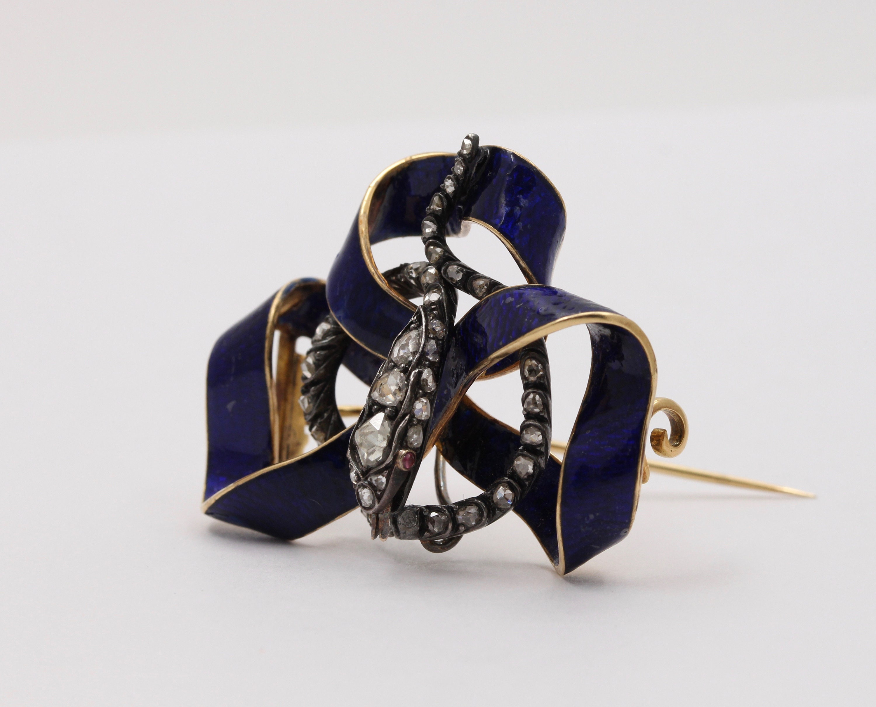 Alpha & Omega Jewelry Victorian 18K Gold, Rose Cut Diamond, Enamel Snake Ribbon Brooch, Antique Pin