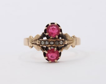Victorian 14K Gold Pink Paste And Seed Pearl Ring