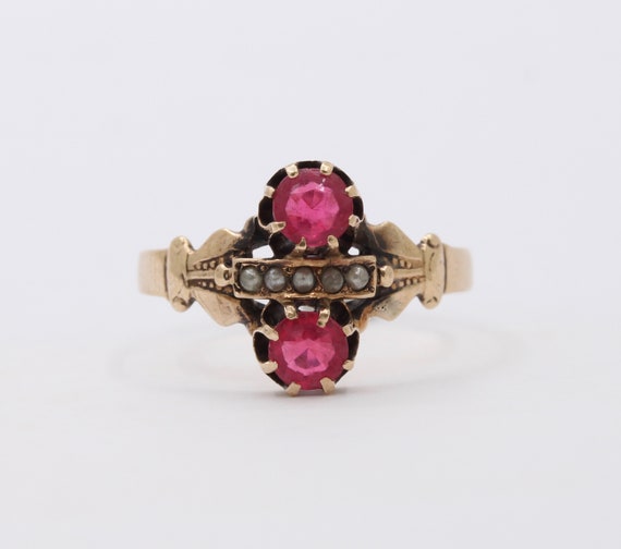 Victorian 14K Gold Pink Paste And Seed Pearl Ring - image 1