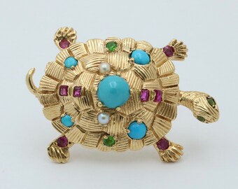 Vintage Turquoise, Ruby, and 18K Gold Turtle Brooch