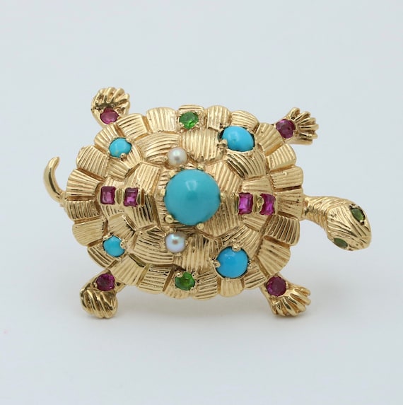 Vintage Turquoise, Ruby, and 18K Gold Turtle Brooc