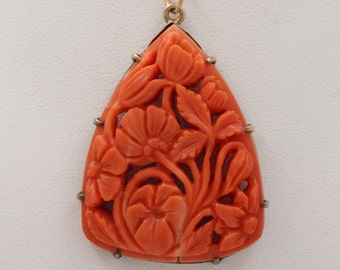Victorian 9K Gold, Carved Coral Flowers Bouquet Pendant, Antique Charm