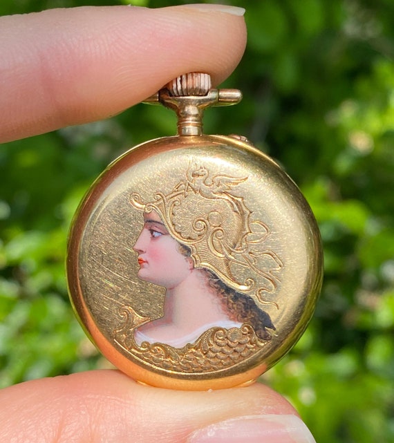 Art Nouveau Enamel Woman Warrior 18K Gold Pocket … - image 1