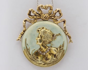 Art Nouveau 14K Gold Diamond Opalescent Enamel Bow Lady Profile Pendant Pin