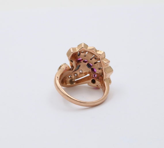 Retro 14K Gold Diamond and Ruby Cornucopia Ring, … - image 7