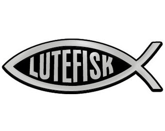 Lutefisk Fish Plastic Auto Emblem - [Silver][5.5" x 2"] - EF-EMB-P-00065