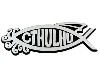 Cthulhu Fish Plastic Auto Emblem - [Silver][5.25" x 2"] - EF-EMB-P-00002
