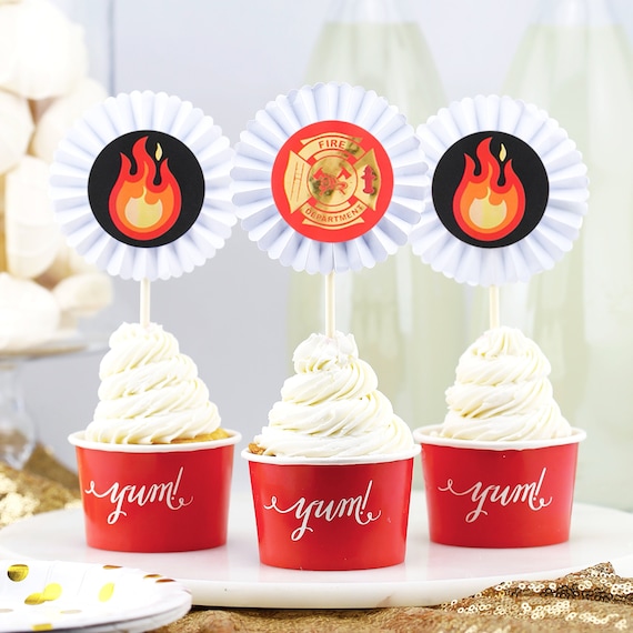 12 Fire Truck Party Supplies Fire Truck Cupcake Toppers Fire Etsy