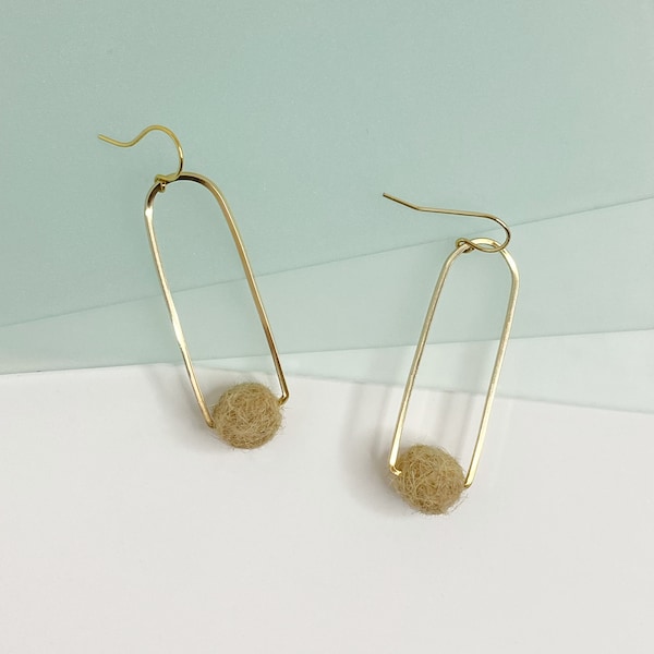 Rounded Rectangle Pet Fur Earring | custom earrings, 14k gold earrings, silver earrings, felted ball, pet fur, wire earring, pet lover, gift