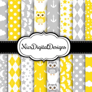 20 Digital Papers. Patterns for Baby in Yellow and Grey (7E no 1) for Personal Use and Small Commercial Use Scrapbooking