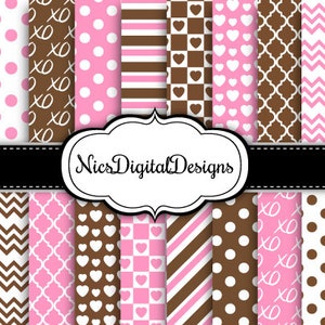 20 Digital Papers. Valentine's Patterns in Pink and Brown (3E no 1) for Personal Use and Small Commercial Use Scrapbooking