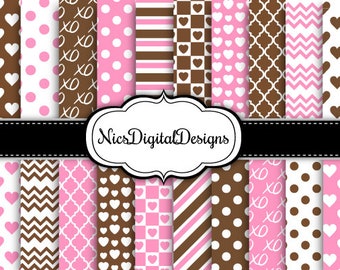 20 Digital Papers. Valentine's Patterns in Pink and Brown (3E no 1) for Personal Use and Small Commercial Use Scrapbooking