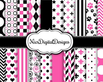 20 Digital Papers. 2 Tone Colours in Black and Pink (9A no 4) for Personal Use and Small Commercial Use Scrapbooking
