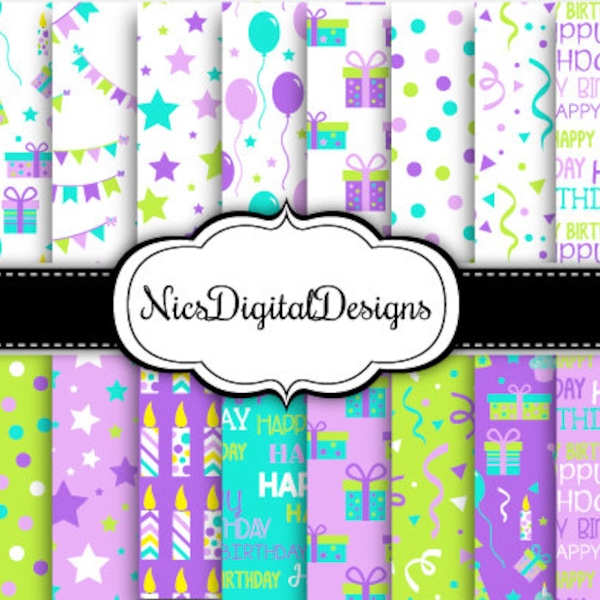 20 Digital Papers. Birthday Papers in Green Purple (7D no 1) for Personal Use and Small Commercial Use Scrapbooking