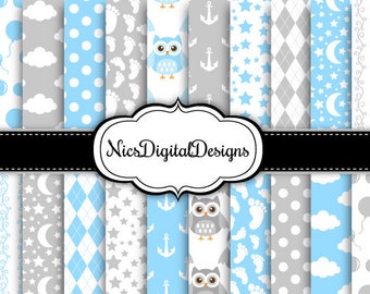 20 Digital Papers. Patterns for Baby in Blue and Grey (7E no 3) for Personal Use and Small Commercial Use Scrapbooking