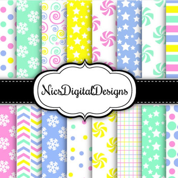 20 Digital Papers. Candy Christmas Patterns in Pastels (3B no 1) for Personal Use and Small Commercial Use Scrapbooking