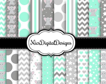 20 Digital Papers. Elephant Patterns in Grey and Green (7A no 4) for Personal Use and Small Commercial Use Scrapbooking