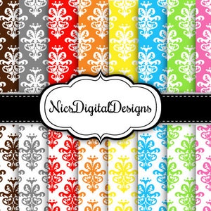 20 Digital Papers. Damask 4 in Pretty Rainbow Colours (1C no 4) for Personal Use and Small Commercial Use Scrapbooking