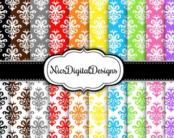 20 Digital Papers. Damask 4 in Pretty Rainbow Colours (1C no 4) for Personal Use and Small Commercial Use Scrapbooking