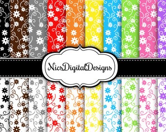 20 Digital Papers. Floral Leaves in Pretty Rainbow Colours (1A no 4) for Personal Use and Small Commercial Use Scrapbooking