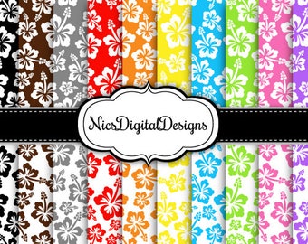 20 Digital Papers.  Hibiscus in Pretty Rainbow Colours (1A no 1) for Personal Use and Small Commercial Use Scrapbooking