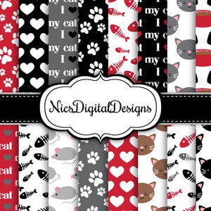 20 Digital Papers. Cat Mixed Patterns in Red and Black (7A no 1) for Personal Use and Small Commercial Use Scrapbooking