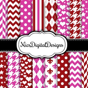 20 Digital Papers. 2 Tone Colours in Red and Pink (9Bno 18) for Personal Use and Small Commercial Use Scrapbooking