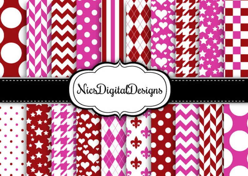20 Digital Papers. 2 Tone Colours in Red and Pink 9Bno 18 for Personal Use and Small Commercial Use Scrapbooking image 1
