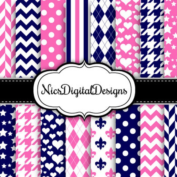 20 Digital Papers. 2 Tone Colours in Navy and Pink (9B no 1) for Personal Use and Small Commercial Use Scrapbooking