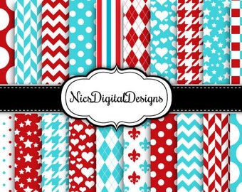 20 Digital Papers. 2 Tone Colours in Red and Turquoise (9B no 7) for Personal Use and Small Commercial Use Scrapbooking