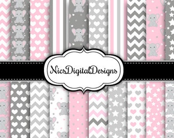 20 Digital Papers. Elephant Patterns in Grey and Pink (7A no 3) for Personal Use and Small Commercial Use Scrapbooking