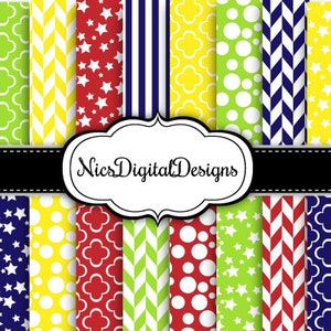 20 Digital Papers. 4 Tone Patterns in Yellow Navy Red Green (4C no 7) for Personal Use and Small Commercial Use scrapbooking