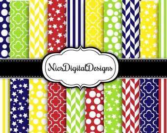 20 Digital Papers. 4 Tone Patterns in Yellow Navy Red Green (4C no 7) for Personal Use and Small Commercial Use scrapbooking