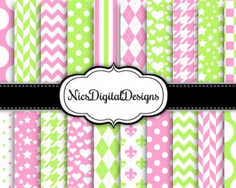 20 Digital Papers.  2 Tone Colours in Pink and Spring Green (9B no 5) for Personal Use and Small Commercial Use Scrapbooking